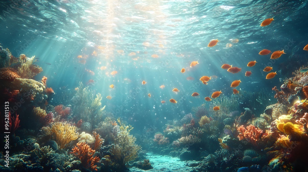 Serene Underwater Coral Reef Landscape with Vibrant Tropical Fish and Sunlight Filtering through Serene Underwater Coral Reef Landscape with Vibrant Tropical Fish and Sunlight Filtering through