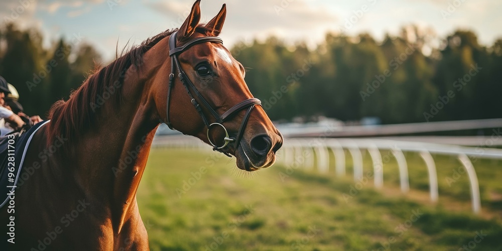 Obraz premium A brown horse with a bridle, near a fence.