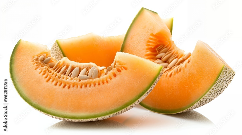 Two juicy cantaloupe melon slices with seeds and rind, isolated on white background. Two juicy cantaloupe melon slices with seeds and rind, isolated on white background.