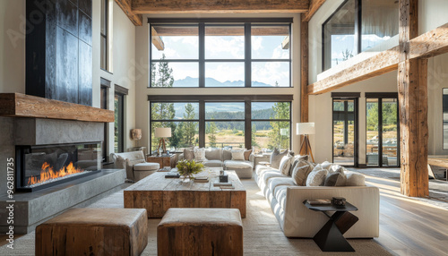 Spacious modern living room featuring large windows, wooden beams, and a cozy fireplace, designed for relaxation and comfort.