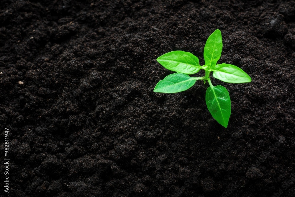 Naklejka premium Young Plant Sprouting from Soil, Symbolizing Growth and Renewal