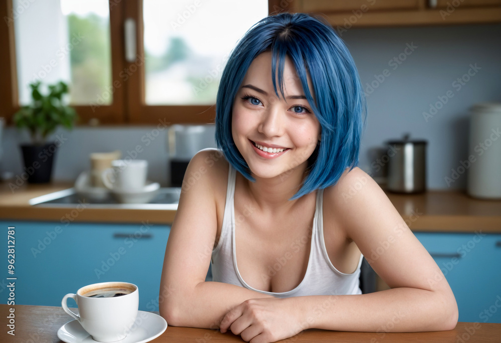 beautiful blue haired woman in the kitchen with a cup of coffee beautiful blue haired woman in the kitchen with a cup of coffee
