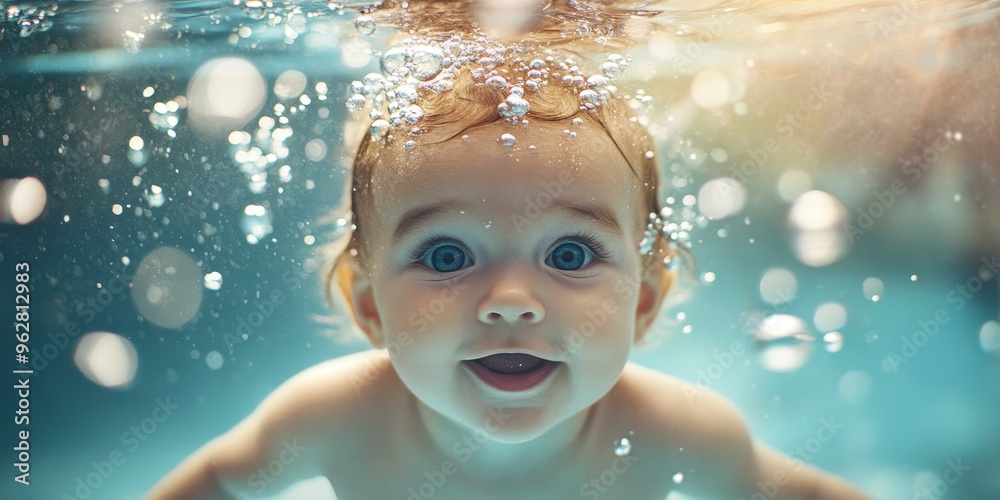 Baby underwater with wide open eyes and bubbles. Baby underwater with wide open eyes and bubbles.