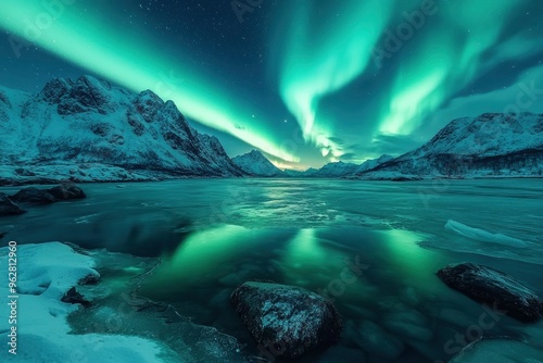 Northern lights over the snowy mountains, frozen sea, reflection in water at winter night in Lofoten, Norway. Aurora borealis and snowy rocks. Landscape with polar lights, road, starry sky, ai
