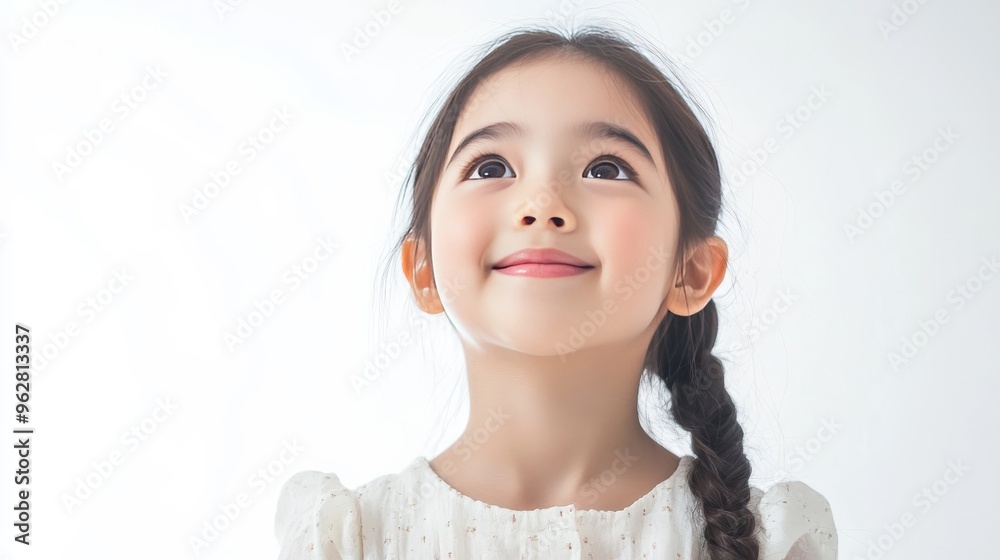 Asian girl, isolated on white, expresses joy with text space present.
