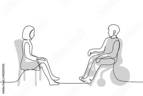 woman doctor sitting on chair opposite her sitting man in motorized wheelchair - one line art vector. concept medical care for people with disabilities
