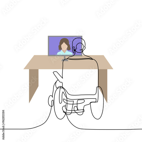 woman sitting in motorized wheelchair in front of table with computer with interlocutor via video link,  - one line art vector. concept medical care online