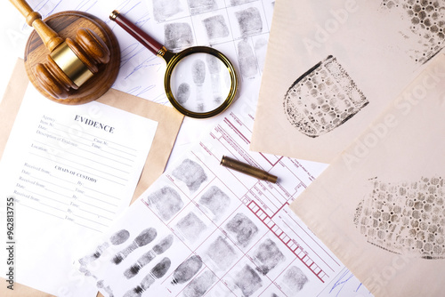 Forensic concept, evidence set on table, judge gavel, fictitious signature samples, spent cartridge case, shoe marks and fingerprints, top view
