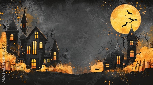 Spooky Halloween background with a full moon, bats, and haunted houses. photo