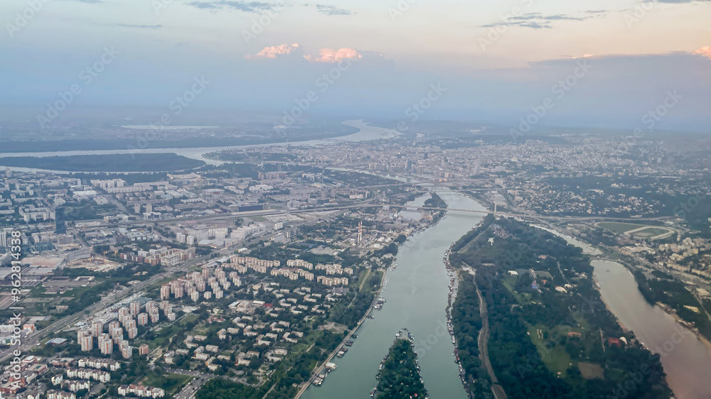 Aerial view of Belgrade, Serbia, showing the confluence of the Sava and Danube rivers, ideal for urban development and travel concepts Aerial view of Belgrade, Serbia, showing the confluence of the Sava and Danube rivers, ideal for urban development and travel concepts