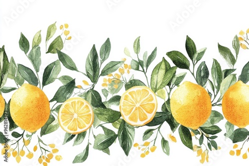 Citrus lemons and greenery in a continuous watercolor pattern for decorative borders