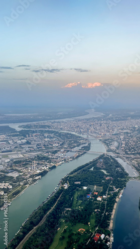 Aerial view of Belgrade, Serbia, showcasing Danube River winding through the urban landscape, perfect for travel and geography concepts