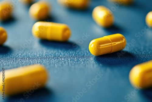 Detailed view of golden pills on a cyan background with potential for extra text addition