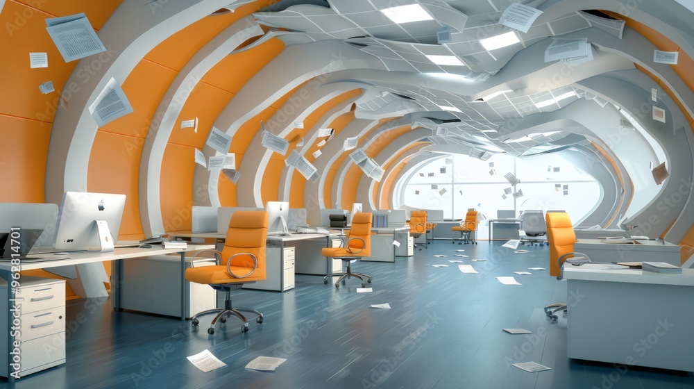 Obraz premium a surreal office space where walls are bending inward, floors cracking, desks sinking into the ground, equipment warping, papers floating in the air, a sense of financial ruin