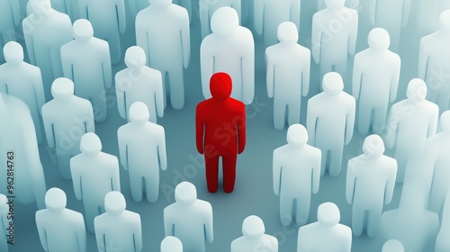 Standout Individuality in Crowd - Red Human Figure Among White Figures