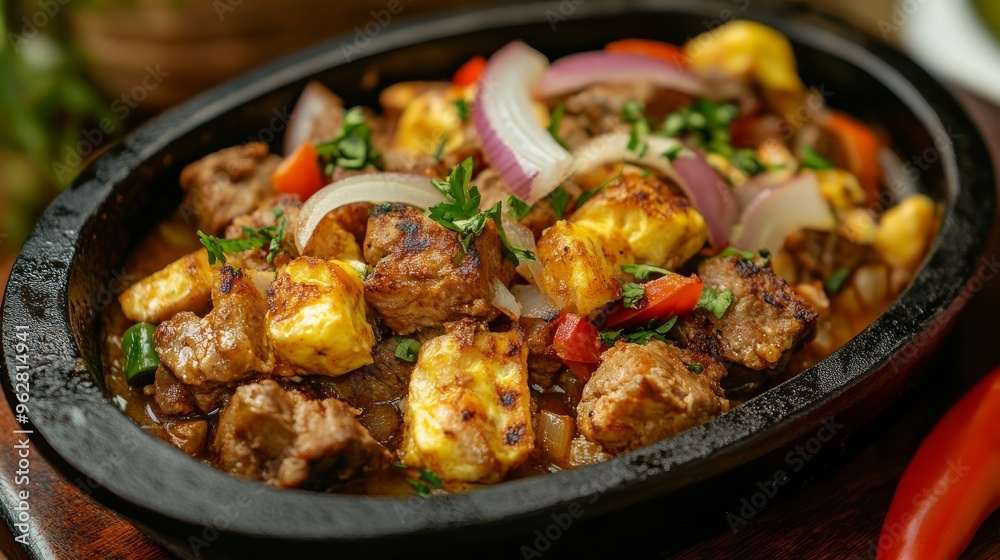 Bowl holds meat, onions, eggs, and peppers