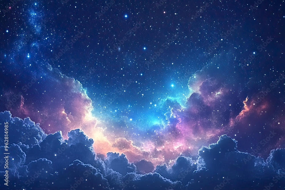 Fototapeta premium Starry night sky with clouds.. Panorama. Universe filled with stars, nebula and galaxy,. Elements of this image furnished , ai