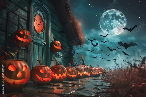 A line of Jack-o-lanterns with sinister faces leading to the door of a haunted house, bats in flight under the full moon,