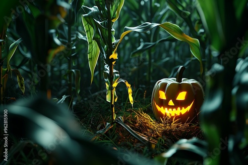 A sinister pumpkin lantern glowing in a dark cornfield, with space for text.