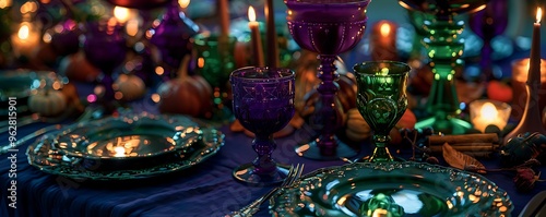 A grand Halloween banquet with deep purple goblets, emerald green plates, and rich burgundy candles, set against a midnight blue tablecloth.