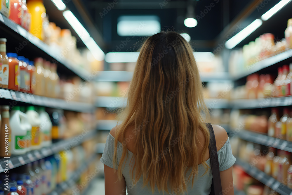 Close up rear view photography of a woman in a supermarket or grocery store looking at the shelf full of products Close up rear view photography of a woman in a supermarket or grocery store looking at the shelf full of products