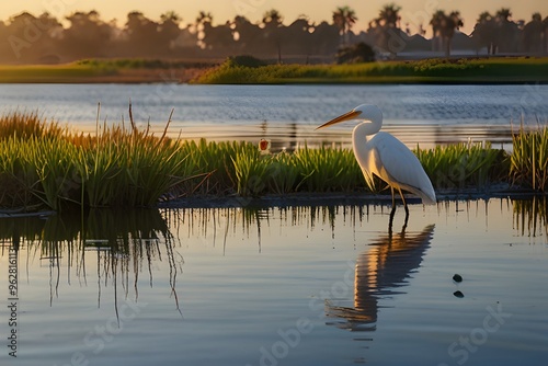 Southern wildlife nature background. Scenic landscape view with white heron hunting in the expensive suit marsh during sunrise at the Huntington Beach  Generative AI photo