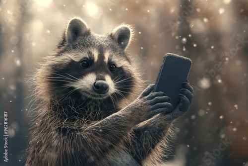 Raccoon takes selfie in snowy forest with phone. Cute animal holds device in paws, surrounded by winter trees and bushes. Perfect illustration of social media influencer in nature. photo