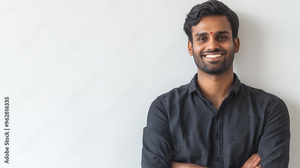 Portrait of a smiling Indian man wearing a black shirt with arms crossed. Portrait of a smiling Indian man wearing a black shirt with arms crossed.