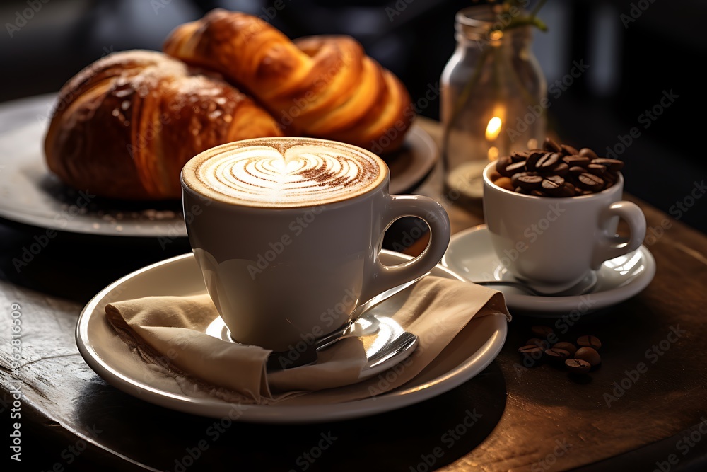 Cup of coffee with croissant on a wooden table. Cup of coffee with croissant on a wooden table.
