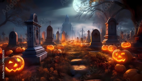 A graveyard filled with tombstones and glowing jack-o'-lanterns