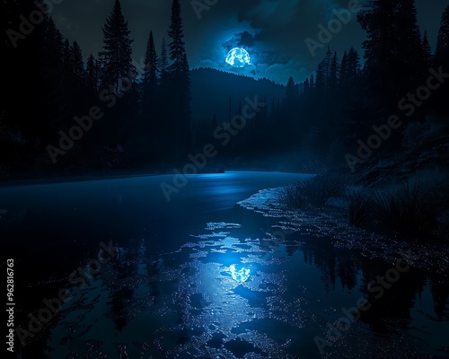 A spectral blue light casting eerie reflections on the still surface of a dark lake, surrounded by dense forest and silhouetted against the moon.