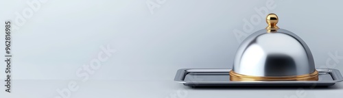 Shiny metal tray and dome cover, suspended lid concept, 3D illustration