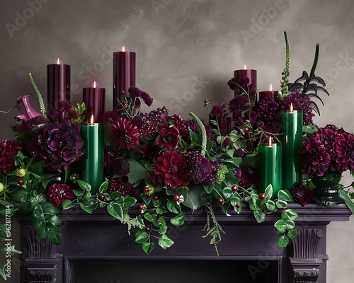 A sophisticated Halloween mantel with emerald green candles, rich burgundy flowers, and deep purple decor.
