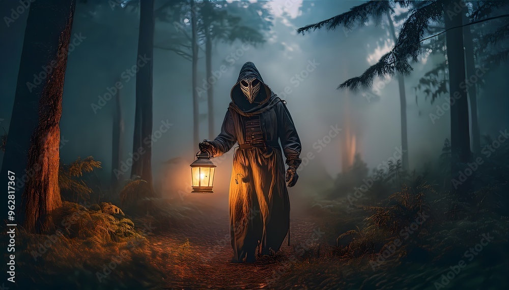 A masked figure holding a lantern in a foggy forest