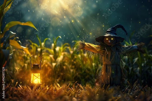A scarecrow lantern glowing in a cornfield, with a spooky background and space for text.