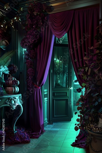 A sophisticated Halloween entryway with rich burgundy curtains and deep purple decorations illuminated by emerald green light.