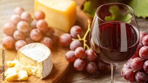 Close-up of a red wine glass with grapes and cheese, capturing the heart-healthy antioxidants of resveratrol