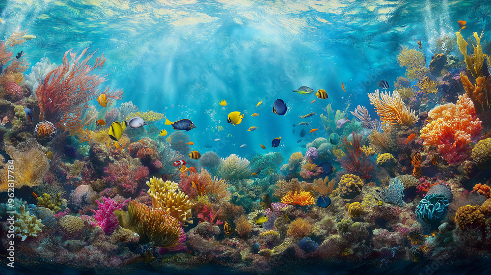 Fototapeta premium A vibrant coral reef teeming with life, with fish of all shapes and sizes swimming among the coral