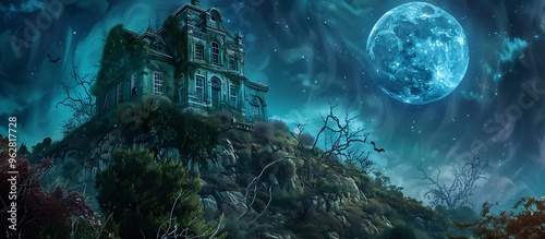 A haunted mansion perched atop a hill, its crumbling walls adorned with ghostly ivy under the spectral glow of a blue moon.