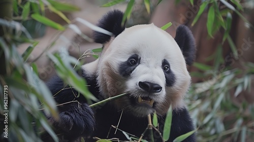 A panda munching on bamboo in its natural habitat, showcasing its adorable features.