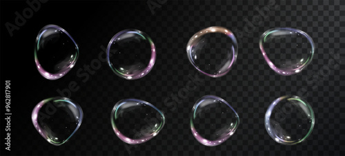 Bubble PNG. Set of realistic soap bubbles. Bubbles are located on a transparent background. Vector flying soap bubbles. Water glass bubble realistic png