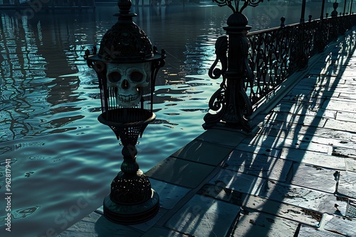 A skull lantern on a spooky bridge, casting eerie shadows over the water, with ample copy space.