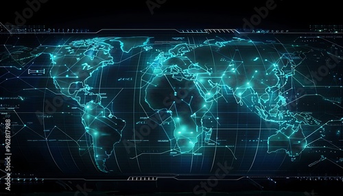 Global Network Connectivity: A futuristic digital map of the world, illuminated by intricate networks of interconnected nodes, representing global communication, data flow, and technological advanceme photo