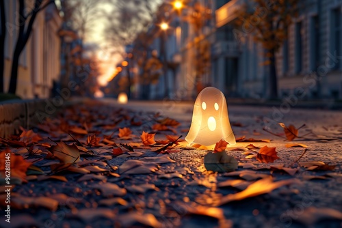 A ghost-shaped lantern glowing on a deserted street, surrounded by fallen leaves, with plenty of room for text.