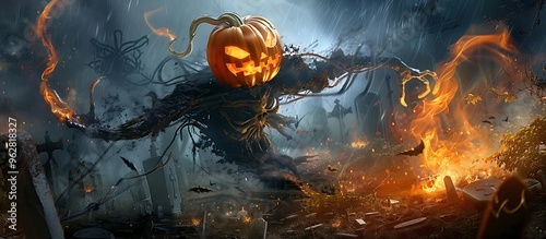 A ghastly pumpkin-headed zombie breaking free from the earth, with spectral flames and foggy tendrils in an abandoned, overgrown graveyard.