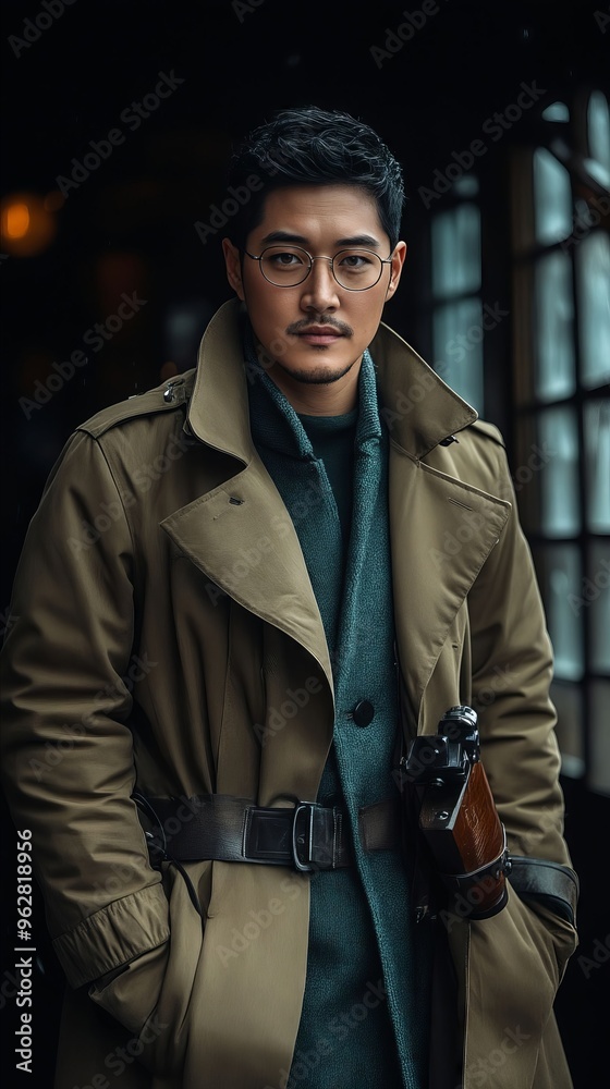 A man in a trench coat holding a gun A man in a trench coat holding a gun