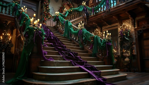 A grand Halloween staircase draped in emerald green garlands and rich burgundy ribbons, illuminated by deep purple candles.