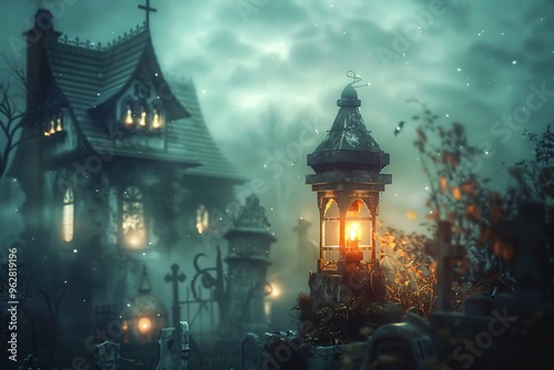 A haunted house lantern glowing amidst a graveyard, with a misty backdrop and space for text.