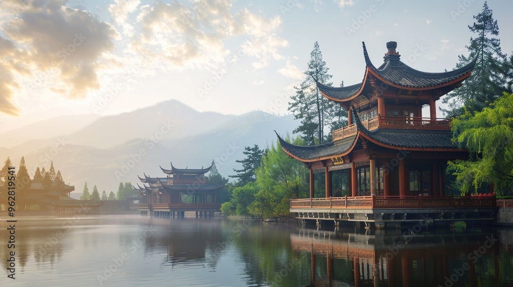 Naklejka premium Immerse yourself in the tranquility of a picturesque landscape adorned with timeless traditional architecture and cultural symbols.