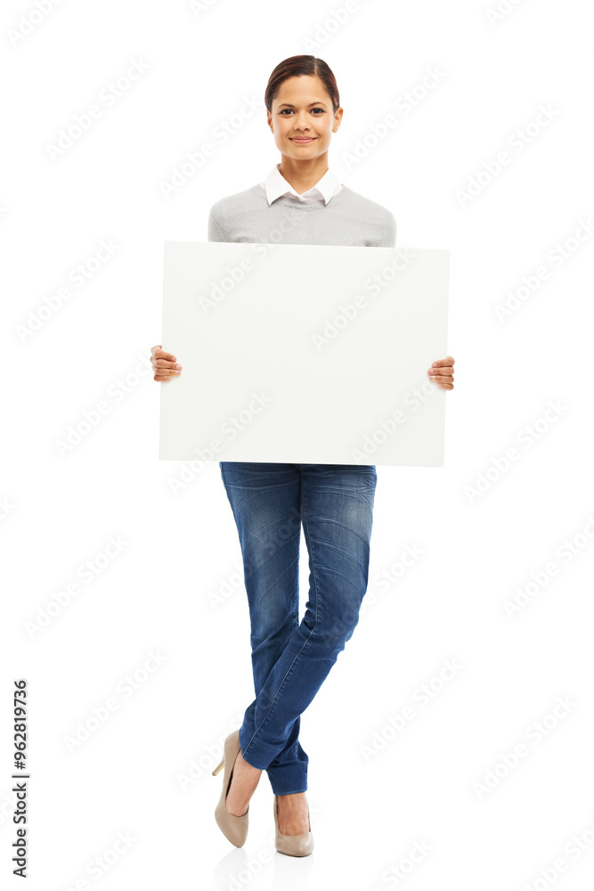 Woman, sign board and happy on portrait in studio background for promotion with mockup space. Female person, poster and presentation for marketing or advertising with instructions or information Woman, sign board and happy on portrait in studio background for promotion with mockup space. Female person, poster and presentation for marketing or advertising with instructions or information